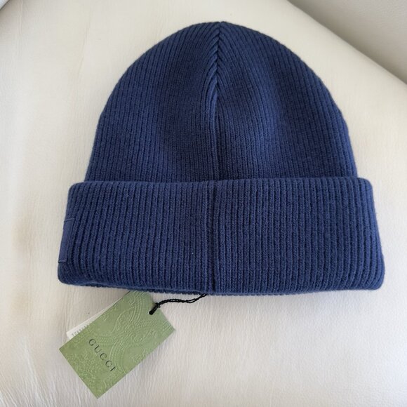 New Authentic Gucci Knit Wool Hat Beanie With Patch Navy Blue Size L Large - Picture 4 of 6